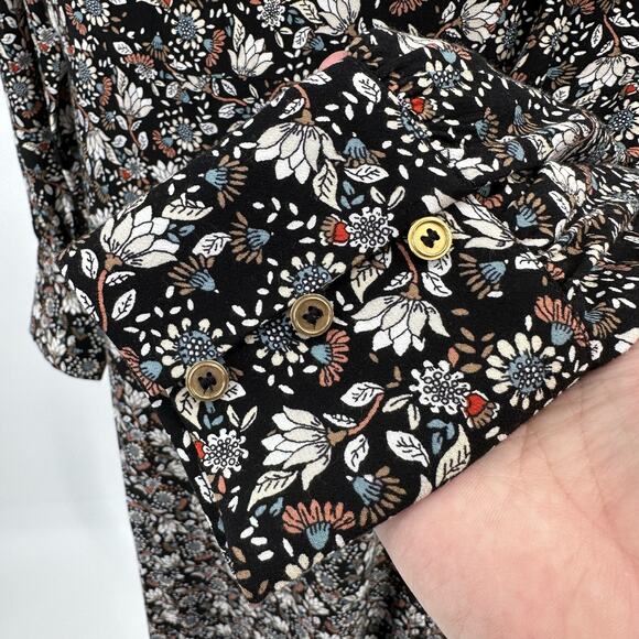 Ann Taylor LOFT Floral Midi Dress WMNS 2 Black Puff Sleeve High Neck Zip Slit LS - Picture 4 of 16